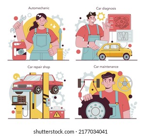 Auto mechanic set. Mechanic in uniform check a vehicle and repair it. Professional auto diagnostic and maintenance. Flat vector illustration.