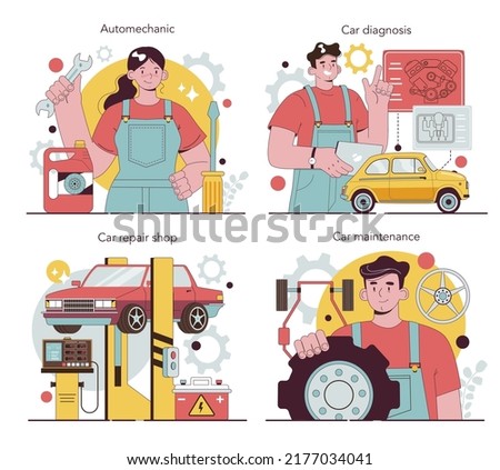 Auto mechanic set. Mechanic in uniform check a vehicle and repair it. Professional auto diagnostic and maintenance. Flat vector illustration.