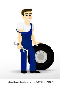 Auto Mechanic. Smith holding wrench and leaning on the wheel. The operating personnel, cartoon characters for your ad.