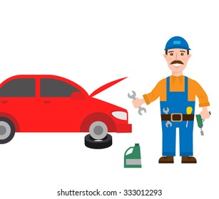 Auto mechanic with spanner and red car on white background. car service