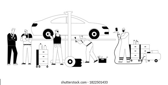 Auto Mechanic Team Inspect Vehicle, Repairs Wheel, Airbrush Painting At Garage. Manager Draws Up Agreement, Billing Customer In Car Service. Vector Linear Character Illustration Of Maintenance Auto