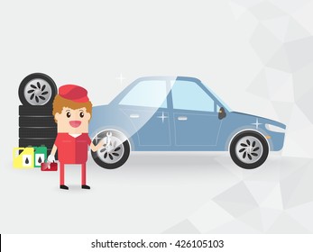 auto mechanic or technical support or repair man hold  toolbox and wrench for check to see the condition of car. copy space