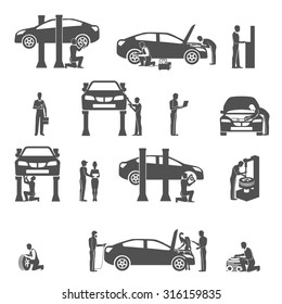 Auto mechanic technician  performing diagnostic test and  full car service black icons set abstract vector isolated illustration