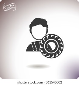 Auto mechanic with tire vector icon.