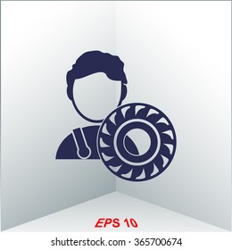 Auto mechanic with tire vector icon.