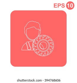 Auto mechanic with tire vector icon.