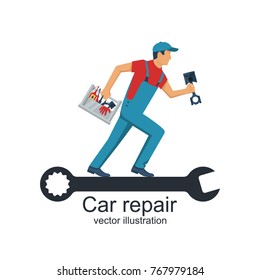 Auto mechanic with toolbox and spare parts for repair of cars. Piston motor in hand. Caliper is insulated against background. Service center concept. Repairman to repair cars. Vector flat design.