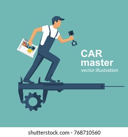 Auto mechanic with toolbox and spare parts for repair of cars. Piston motor in hand. Caliper is insulated against background. Service center concept. Repairman to repair cars. Vector flat design.