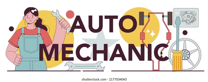 Encabezado tipográfico mecánico automático. El mecánico de uniforme verifica un vehículo y lo repare. Diagnóstico y mantenimiento automático profesional. Ilustración vectorial plana.