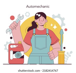 Auto mechanic. Mechanic in uniform check a vehicle and repair it. Professional auto diagnostic and maintenance. Flat vector illustration.