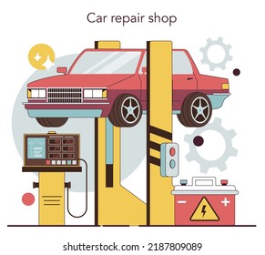 Auto mechanic. Mechanic in uniform check a vehicle and repair it. Professional auto diagnostic and maintenance. Flat vector illustration.