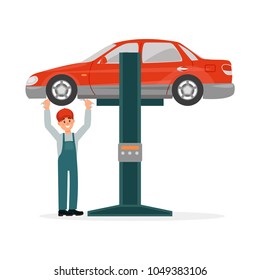 Auto mechanic in uniform standing under red car lifted on auto hoist vector Illustration on a white background