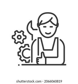 Auto Mechanic - vector line design single isolated icon on white background. High quality black pictogram. An employee of a car service station does a good job. Working tools, wrench, gears