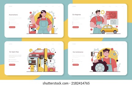 Auto mechanic web banner or landing page set. Mechanic in uniform check a vehicle and repair it. Professional auto diagnostic and maintenance. Flat vector illustration.
