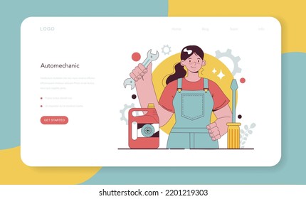 Auto mechanic web banner or landing page. Mechanic in uniform check a vehicle and repair it. Professional auto diagnostic and maintenance. Flat vector illustration.