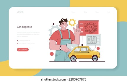 Auto Mechanic Web-Banner oder Landing-Seite. Mechanik in einheitlicher Kontrolle ein Fahrzeug und Reparatur es. Professionelle automatische Diagnose und Wartung. Flache Vektorgrafik.