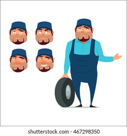 auto mechanic with wheel, happy, emotions, service, cartoon character, head, vector illustration