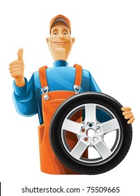 auto mechanic with wheel vector illustration isolated on white background