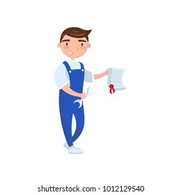 Auto mechanic worker showing paper document, car insurance concept, auto diagnostics service cartoon vector Illustration