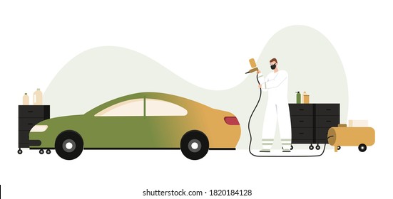 Auto mechanic working with paint spraying gun, airbrush painting car. Vehicle in auto repair shop, color change. Vector character illustration of work in service and repair, automobile maintenance