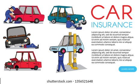 Auto mechanic working and repair car set. Flat vector design.