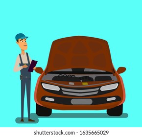 An Auto Mechanic Works In An Auto Repair Service. Maintenance and repair of the vehicle. Vector illustration in flat cartoon style.