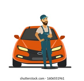 An auto mechanic works in an auto repair service.Vector illustration in cartoon style.