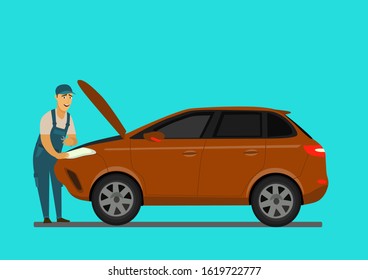 An auto mechanic works in an auto repair service.Vector illustration in cartoon style.