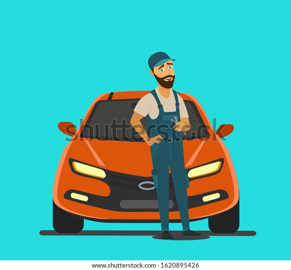 An auto mechanic works in an auto\
repair service.Vector illustration in cartoon\
style.