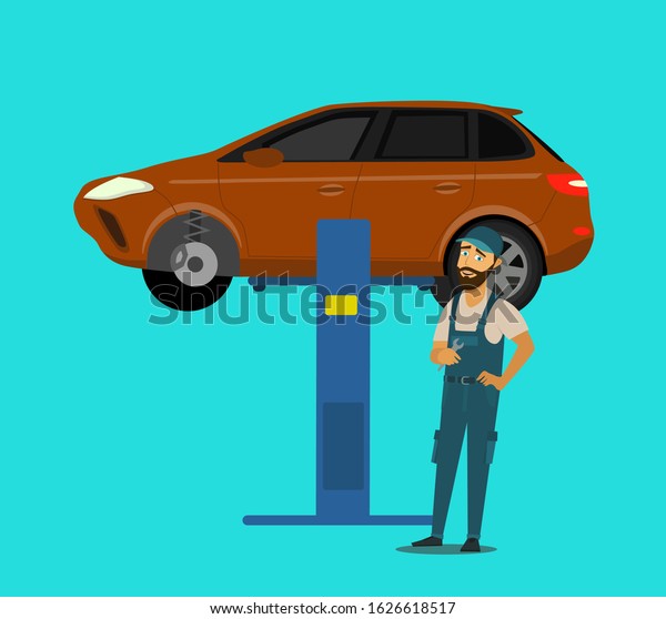An auto mechanic works in an auto\
repair service.Vector illustration in cartoon\
style.