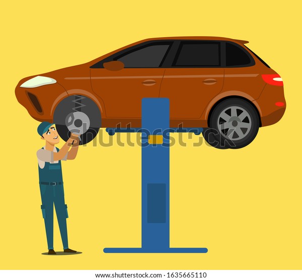 An auto mechanic works in an auto
repair service.Vector illustration in cartoon
style.