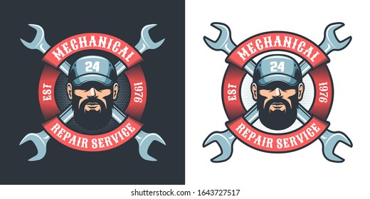 Auto Mechanic With Wrench And Ribbon - Retro Logo. Repair Man In Cap - Retro Emblem. Vector Illustration.