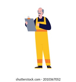 Auto mechanic in yellow overalls with folder in flat style vector illustration isolated. The worker of the auto repair shop takes notes in the folder. Car service.