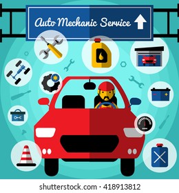 Auto mechanical service decorative icons set with car driver fuel garage toolbox chassis tires speedometer vector illustration