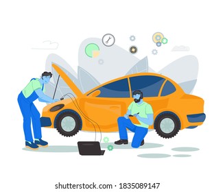 Auto mechanics check parameters of car with diagnostic equipment. Car diagnostics in repair center, technical maintenance of vehicle concept. Automobile repair and services, flat vector illustration.