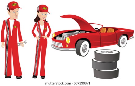 Auto mechanics and racing car.