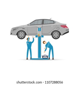 Auto mechanics in uniform car lifted on autolift icon. Car diagnostics and repair services vector illustration.