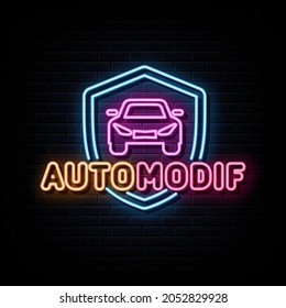 Auto modif neon signs vector. Design template neon sign