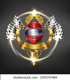 Auto, motorsport racing victory 3d realistic vector icon. Sport car, bike driver helmet surrounded checkered finish flags, golden laurel wreath in above and ribbon, winner cup from below illustration