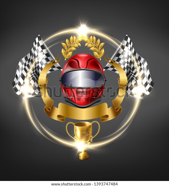 Auto, motorsport racing victory 3d realistic\
vector icon. Sport car, bike driver helmet surrounded checkered\
finish flags, golden laurel wreath in above and ribbon, winner cup\
from below illustration