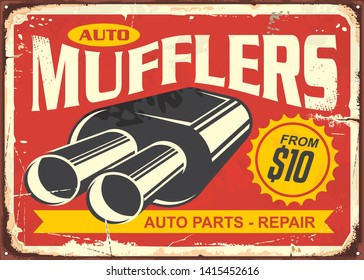 Auto mufflers retro tin sign design. Auto parts and car repair vintage poster. Exhaust pipe systems and service. Transportation vector image.