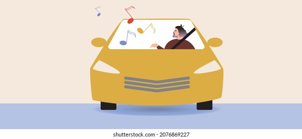 Auto music, woman driver. Flat vector stock illustration. Car subwoofer sound. The car driver is listening to music. Song in the car. Auto frontal view. Vector illustration