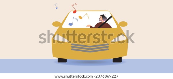 Auto music, woman\
driver. Flat vector stock illustration. Car subwoofer sound. The\
car driver is listening to music. Song in the car. Auto frontal\
view. Vector illustration