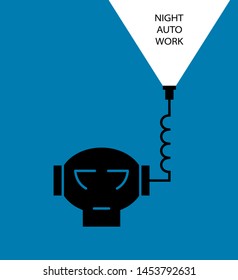 Auto night work.Flat linear design. Robot icon. Abstract robot head with antenna and signal. Concept - Electronic satellite automatic worker - Background - Vector.