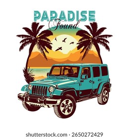 Auto on background of beach and mountains. Illustration in a circle. Retro