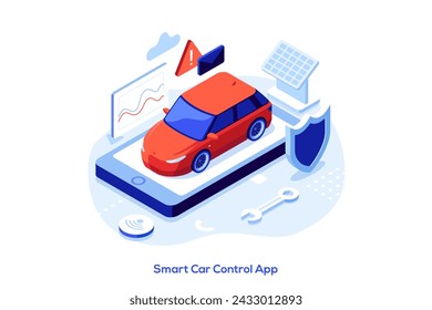 Auto on cellphone with data screen solar panel and shield. Smart car charging control concept isometric vector illustration. Automobile digital systems monitoring cartoon design colour composition