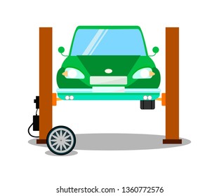 Auto on Lifting Equipment Flat Vector Illustration. Green Automobile Diagnostics on Hydraulic Lift, Elevator. Vehicle Inspection, Examination. Car Service, Tire Fitting Isolated Design Element