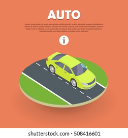 Auto on road web banner. Wheeled, self-powered motor vehicle used for transportation. Product of automotive industry. Electric car icon object logo. Auto flat style. Buy, rent car. Vector illustration