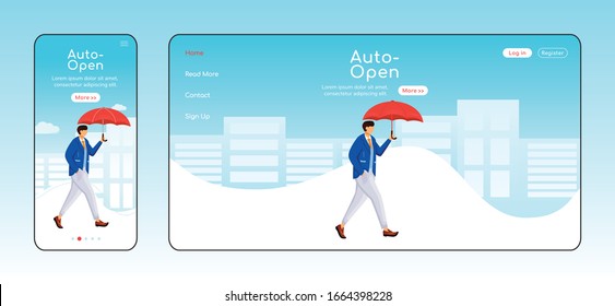 Auto open umbrella landing page flat color vector template. Mobile display. Man in jacket homepage layout. Rainy weather one page website interface, cartoon character. Walking caucasian guy webpage