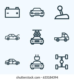 Auto Outline Icons Set. Collection Of Bonnet, Electric Car, Sedan And Other Elements. Also Includes Symbols Such As Auto, Prime, Level.